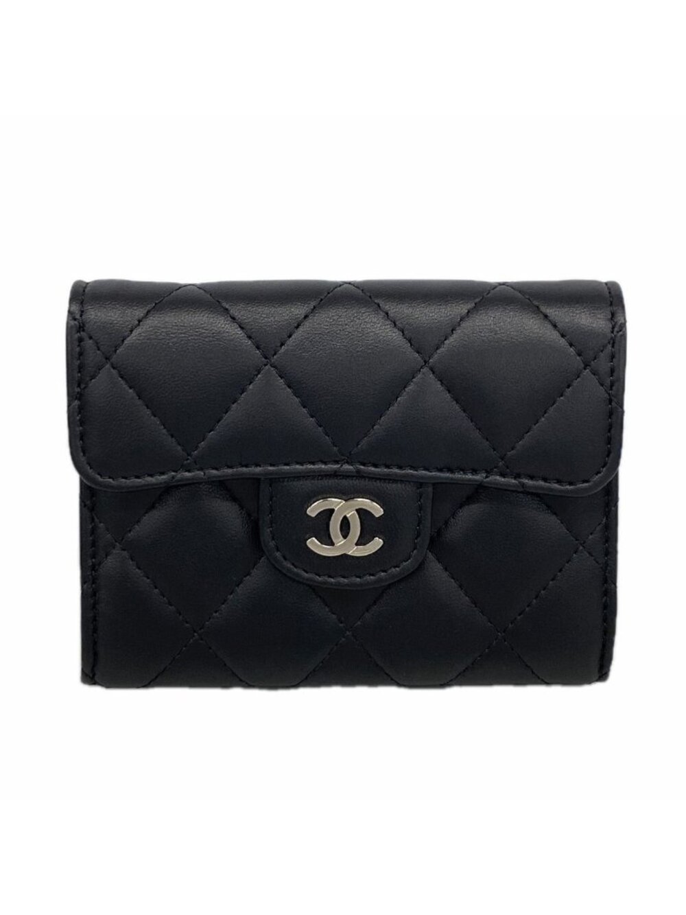 Chanel Card Case Quilted Lambskin Black Silver